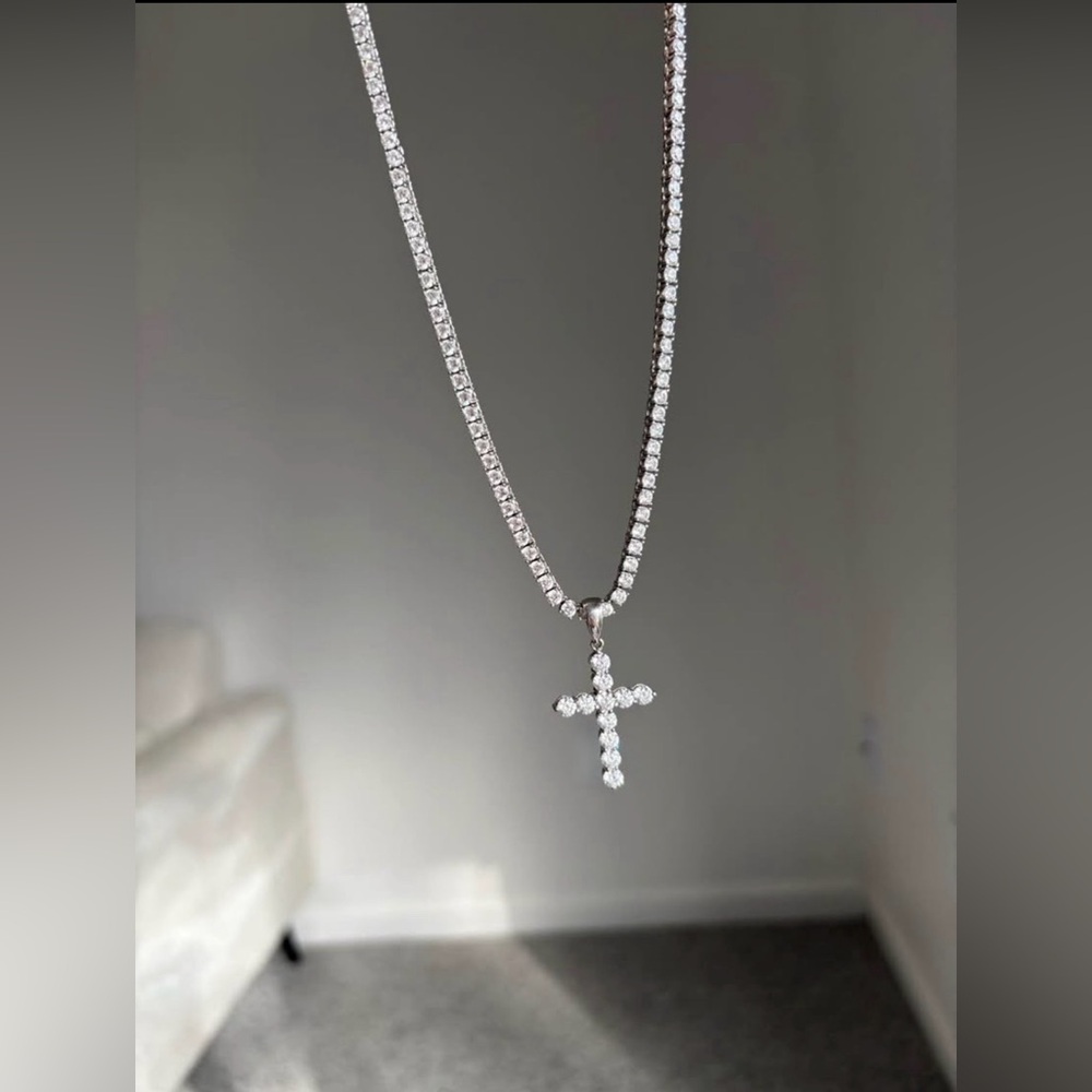 Silver Crystal Cross Pendant Tennis Chain Necklace - White